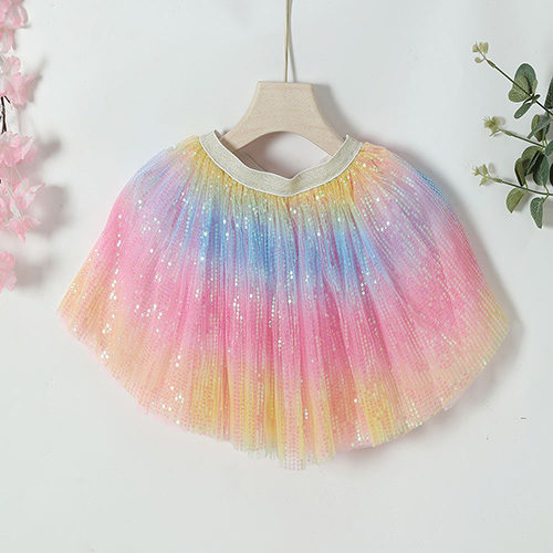Wholesale Soft Tulle Embroidery Kids Young Girl Skirt Princess Children Cute Rainbow Sequin Fluffy Tutu Skirts