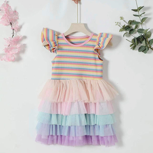 New Mesh Fluffy Layered Cake Design Rainbow Colorful Birthday Party Dresses Girls Dresses