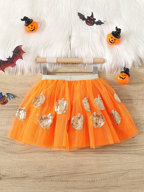 Hot Selling Halloween Girls Sequin Embroidered Tutu Skirt Children Baby Pumpkin Skirt