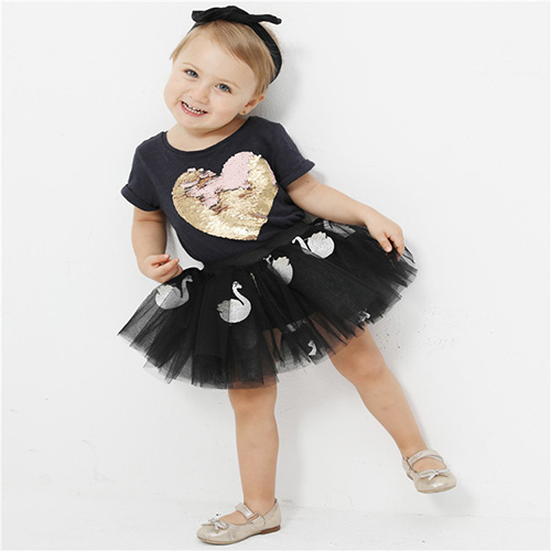 Fashion White Swan Pattern Princess Dress Girls Performance Mesh Dress